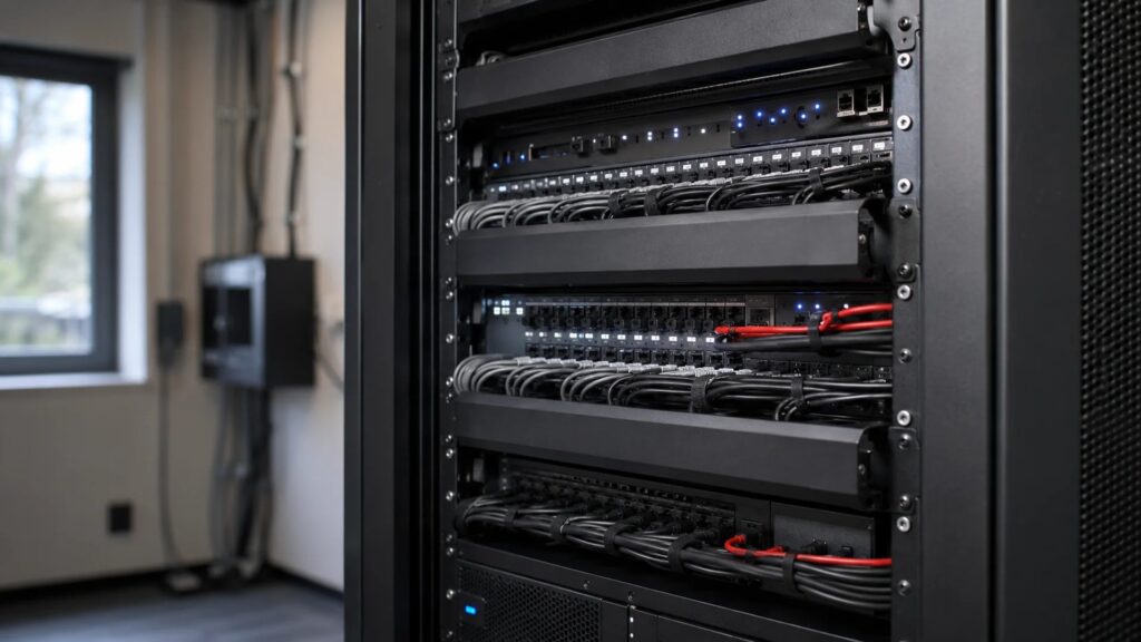 Sala de servidores con cableado profesional gestionada por el equipo de mantenimiento informático de islaNet en Mallorca
